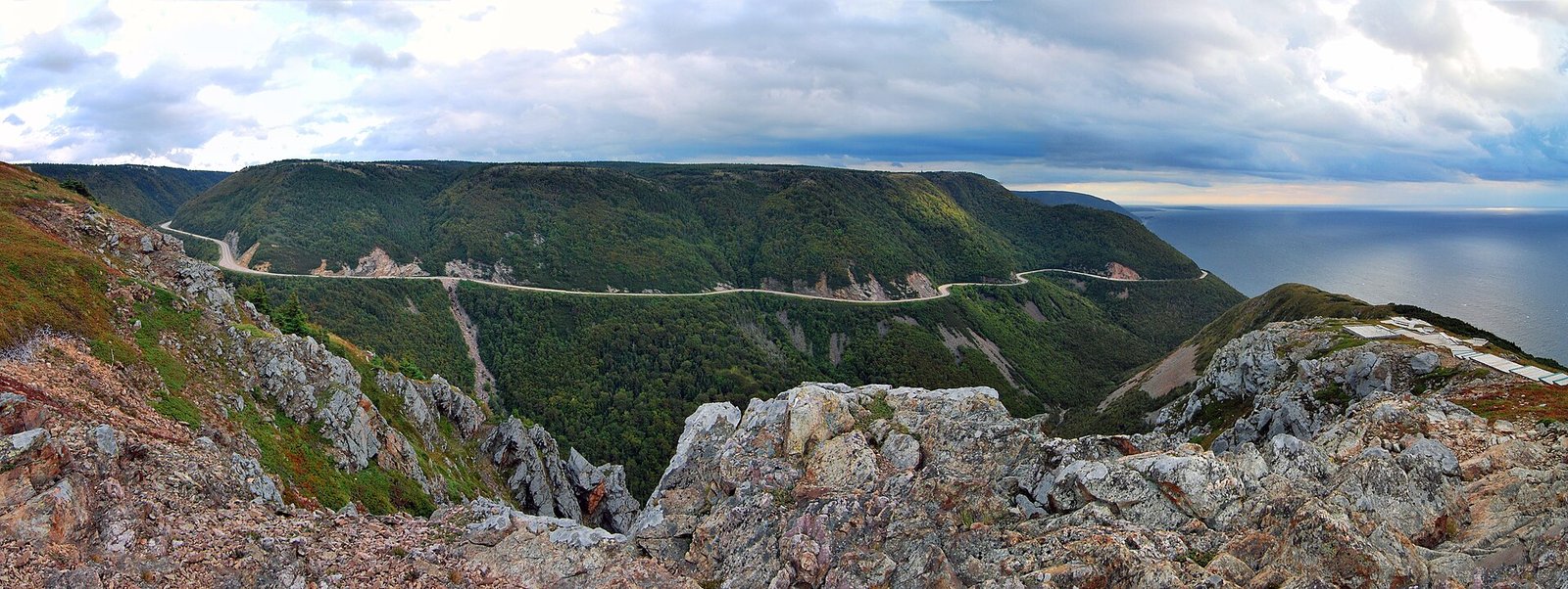 A panoramic view of the winding mountain road on the Cabot Trail, Cape Breton